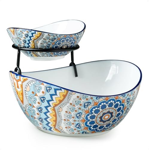 YHOSSEUN Chip and Dip Serving Set, 2 Tierd Serving Bowl Set Ceramic Chip and Dip Bowls with Stand, Serving Dishes for Entertaining Appetizer Serving Food Display Stand for Parties