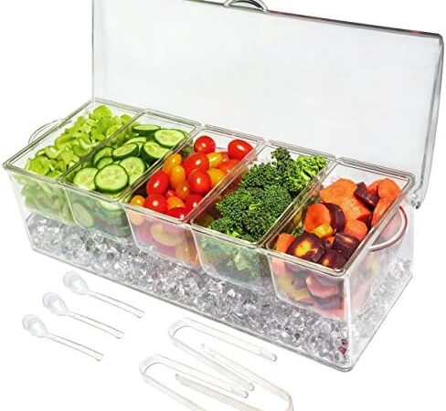 Ice Chilled 5 Compartment Condiment Server Caddy – Serving Tray Container with 5 Removable Dishes with Over 2 Cup Capacity Each and Hinged Lid | 3 Serving Spoons + 3 Tongs Included