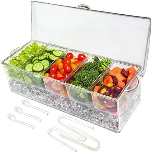 Ice Chilled 5 Compartment Condiment Server Caddy – Serving Tray Container with 5 Removable Dishes with Over 2 Cup Capacity Each and Hinged Lid | 3 Serving Spoons + 3 Tongs Included