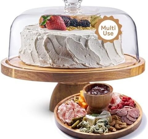 Acacia Wood Christmas Cake Stand with Lid – 12in Round Holder, Thanksgiving and Christmas Hosting Essential, 2-in-1 Dessert Display & Charcuterie Board for Cheese, Chips Dips, Large Acrylic Dome Cover