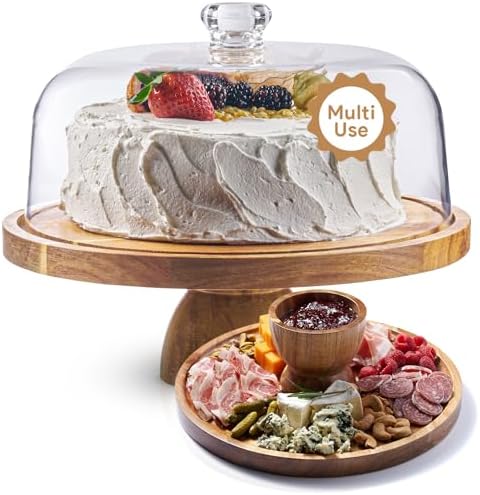 Acacia Wood Christmas Cake Stand with Lid – 12in Round Holder, Thanksgiving and Christmas Hosting Essential, 2-in-1 Dessert Display & Charcuterie Board for Cheese, Chips Dips, Large Acrylic Dome Cover