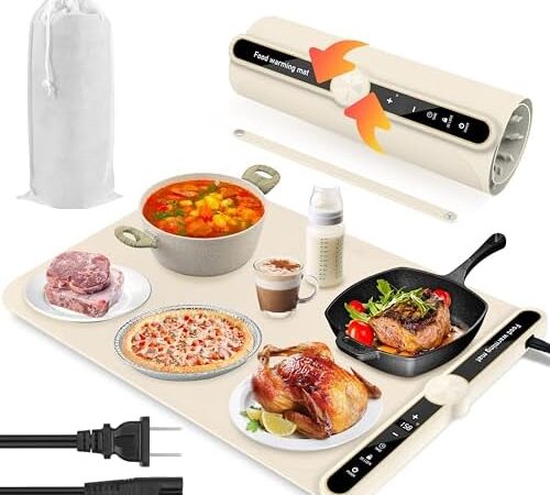Warming Mat for Food with 9 Level Temperature,Electric Warming Tray 1-6 hours adjustable Timer,Food Warmer Mat,Warming Pads for Food,Portable Heating Mat for Buffet,Parties,Buffets Party(Beige Yellow)