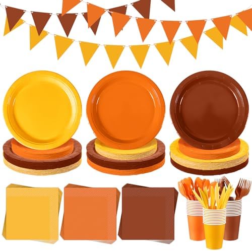 Sliner 168 Pcs Fall Thanksgiving Party Supplies Paper Plates and Napkins Cup Napkin and Cutlery Pennant Banner for Fall Harvest Theme Party, Serve 30