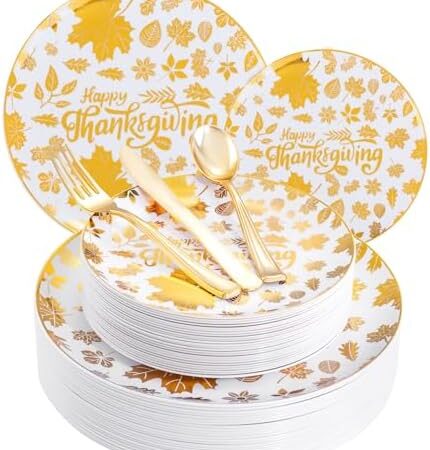 WELLIFE 150Pcs Thanksgiving Plates Dinnerware Set with Maple Design, Includes: 30Pcs Thanksgiving Plastic Dinner Plates, 30Pcs Thanksgiving Plastic Salad Plates and 90Pcs Gold Pale Plastic Silverware