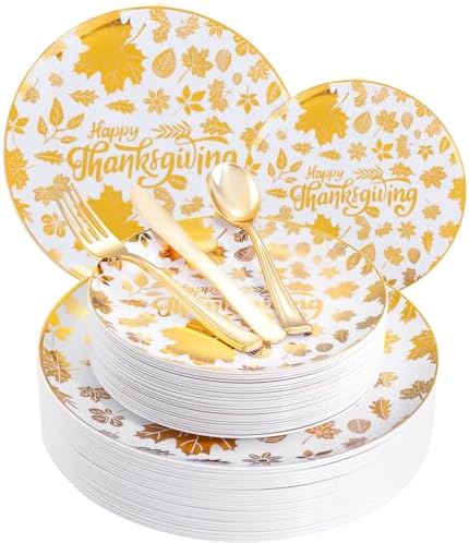 WELLIFE 150Pcs Thanksgiving Plates Dinnerware Set with Maple Design, Includes: 30Pcs Thanksgiving Plastic Dinner Plates, 30Pcs Thanksgiving Plastic Salad Plates and 90Pcs Gold Pale Plastic Silverware
