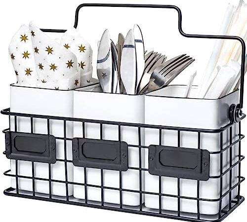 3 Compartment Utensil Caddy,Farmhouse silverware holder,Utensil caddy for countertop with Handle, Utensil holder for countertop,Vintage Caddy Silverware Holder for Spoons, Knives, Forks