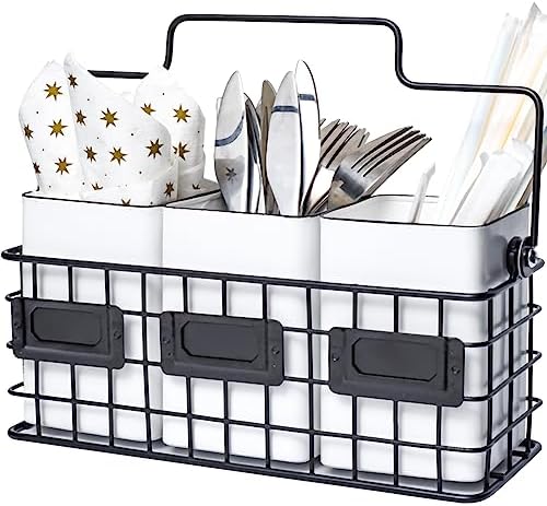 3 Compartment Utensil Caddy,Farmhouse silverware holder,Utensil caddy for countertop with Handle, Utensil holder for countertop,Vintage Caddy Silverware Holder for Spoons, Knives, Forks
