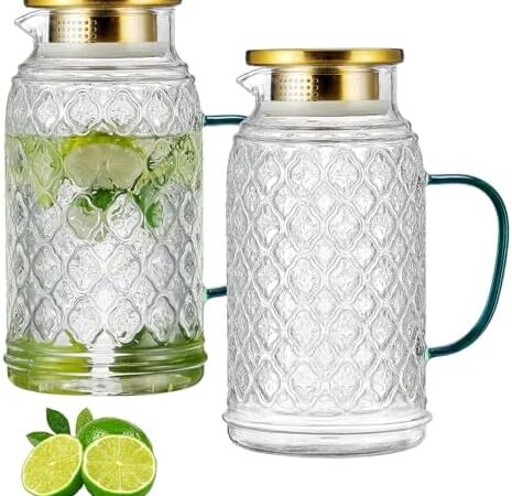 Glass Pitcher with Lid, 2 PACK 68 oz/2 Liter Vintage Water Pitcher, Clear Borosilicate Glass Water Carafe for Cold Brew, Coffee, Lemonade, Iced Sun Tea,Beverage, Heat Resistant Water Glass Jug