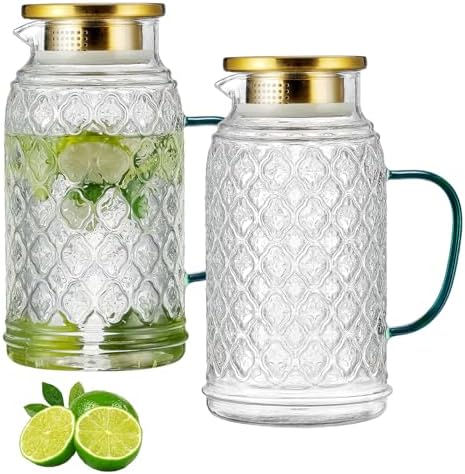 Glass Pitcher with Lid, 2 PACK 68 oz/2 Liter Vintage Water Pitcher, Clear Borosilicate Glass Water Carafe for Cold Brew, Coffee, Lemonade, Iced Sun Tea,Beverage, Heat Resistant Water Glass Jug