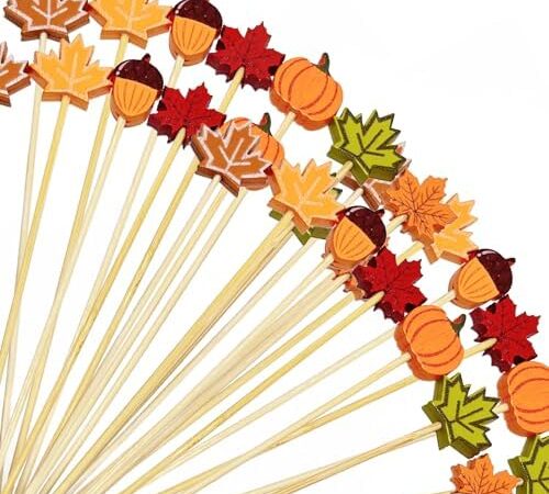 Fall Cocktail Picks, 100PCS Leaves Pumpkins Acorns Fancy Toothpicks for Appetizer, 4.7 inch Long Food Fruit Sticks Charcuterie Skewers for Thanksgiving Day Decoration Fall Themed Party Supplies