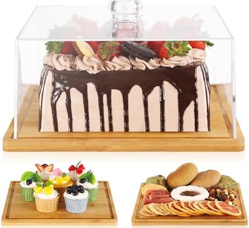 Square Cake Stand，Cake Stand with Dome，Square Cake Stand with Acrylic Lid Cover,Bamboo Cake Display Stand Cake Plate Cake Holder Cake Platter with Cover，Holiday Christmas Hosting Essentials