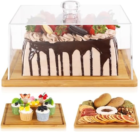 Square Cake Stand，Cake Stand with Dome，Square Cake Stand with Acrylic Lid Cover,Bamboo Cake Display Stand Cake Plate Cake Holder Cake Platter with Cover，Holiday Christmas Hosting Essentials