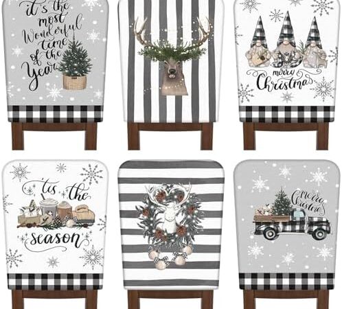 6 Pcs Christmas Chair Covers Christmas Chair Back Covers Xmas Chair Protector Slipcovers Washable Winter Dining Room Seat Covers for Home Hotel Kitchen Decorations (Black and White Checker)