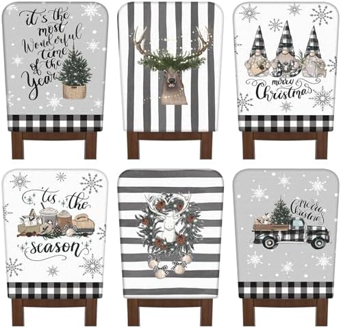 6 Pcs Christmas Chair Covers Christmas Chair Back Covers Xmas Chair Protector Slipcovers Washable Winter Dining Room Seat Covers for Home Hotel Kitchen Decorations (Black and White Checker)
