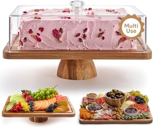 Acacia Wood Cake Stand with Lid – Rectangular Cake Holder, 2-in-1 Dessert Table Display Set & Charcuterie Board for Cheese, Chips, Fruit Platter, Large Acrylic Cake Dome Cover, No Glass