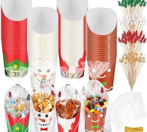 100 Set Thanksgiving Christmas Charcuterie Cups with Sticks 14 oz Disposable Snack Appetizers Cup French Fry Paper Cup with Cocktail Picks for Fall Xmas Party Supplies(Christmas)