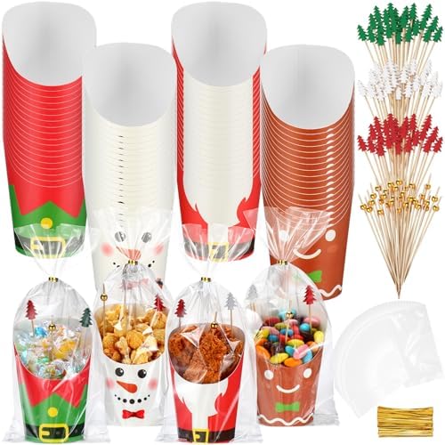 100 Set Thanksgiving Christmas Charcuterie Cups with Sticks 14 oz Disposable Snack Appetizers Cup French Fry Paper Cup with Cocktail Picks for Fall Xmas Party Supplies(Christmas)