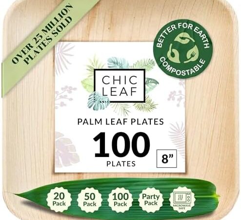 Chic Leaf Palm Leaf Plates Bamboo Like Disposable 8 Inch Square Party Bulk Pack (100 Pc) – Compostable, Biodegradable, Eco Friendly Heavy Duty Plate Set – Stronger than Plastic and Paper Plates