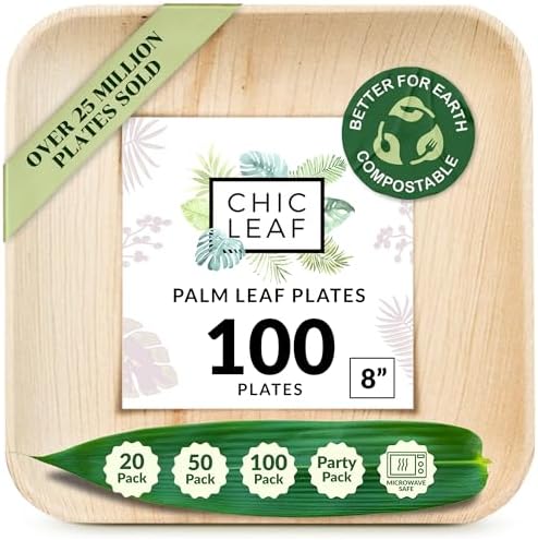 Chic Leaf Palm Leaf Plates Bamboo Like Disposable 8 Inch Square Party Bulk Pack (100 Pc) – Compostable, Biodegradable, Eco Friendly Heavy Duty Plate Set – Stronger than Plastic and Paper Plates