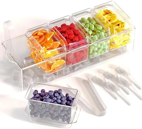 Prime Home Direct Ice Chilled Condiment Caddy | 5 Containers & Lids | Hosting Party Supplies Serving Tray Platter | Buffet, Food Server, Fruit, Garnish, Mimosa, Salad, Taco Bar Accessories Organizer