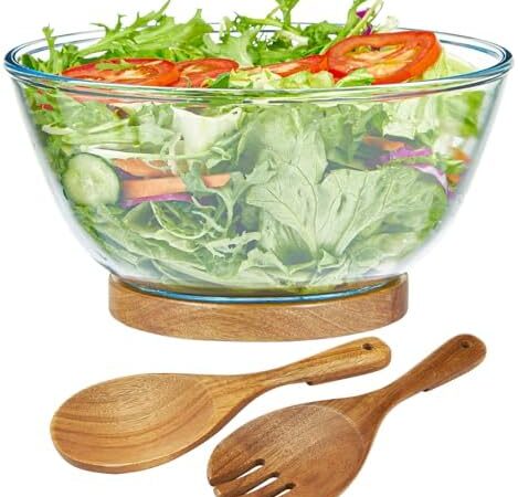 Large Glass Salad Bowl, Glass Salad Bowl Set with Acacia Wood Base and Salad Serving Utensils, Large Salad Bowl Set for Party Hosting Essentials & Kitchen Essentials