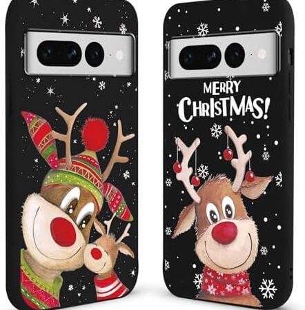 2 Pack Merry Christmas Phone Case for Google Pixel 7 Pro 5G 6.7″, Cute Christmas Elk Pattern Black Xmas Deer Design Case Shockproof Soft Silicone Cover for Girls Women