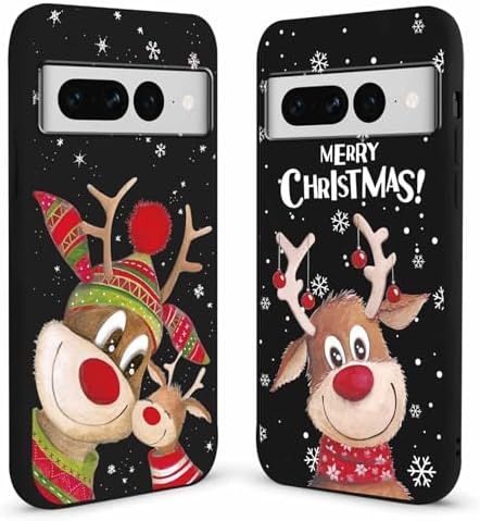 2 Pack Merry Christmas Phone Case for Google Pixel 7 Pro 5G 6.7″, Cute Christmas Elk Pattern Black Xmas Deer Design Case Shockproof Soft Silicone Cover for Girls Women