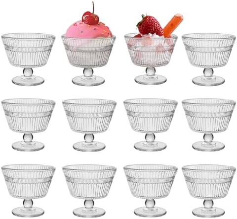 Vintage Glass Dessert Bowls, Dessert cups Set of 12, 9 oz Sundae Cups for Ice Cream, Fruit, Pudding, small snacks, Yogurt, and Appetizers (12)