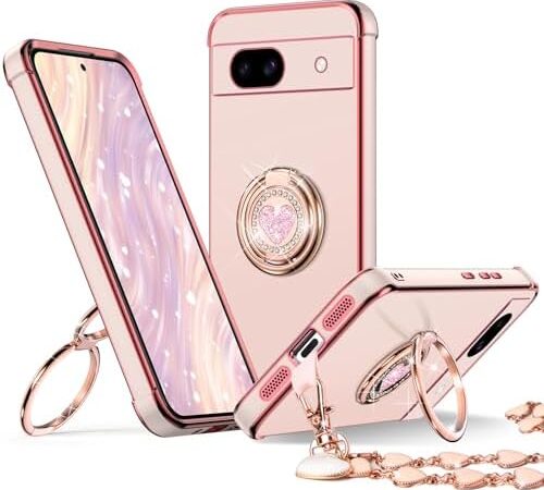 XYZ for Pixel 8A Case with Stand, Pixel 8A Case with Double Ring, Women Girls Cute Love-Heart Luxury Bling Protective Case for Google Pixel 8A Case, Pink