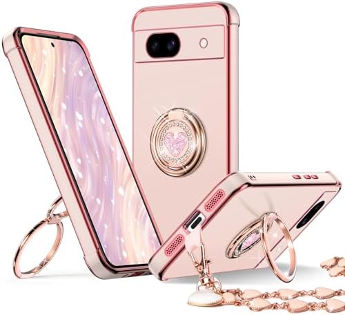 XYZ for Pixel 8A Case with Stand, Pixel 8A Case with Double Ring, Women Girls Cute Love-Heart Luxury Bling Protective Case for Google Pixel 8A Case, Pink
