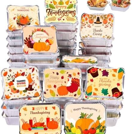 50 Pack Aluminum Pans with Lids for Thanksgiving Aluminum Food Containers Storage for Thanksgiving Baking Roasting Meal Prep Thanksgiving Party Holidays BBQ, 6.5 x 5 Inch