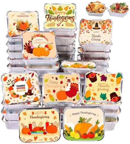 50 Pack Aluminum Pans with Lids for Thanksgiving Aluminum Food Containers Storage for Thanksgiving Baking Roasting Meal Prep Thanksgiving Party Holidays BBQ, 6.5 x 5 Inch