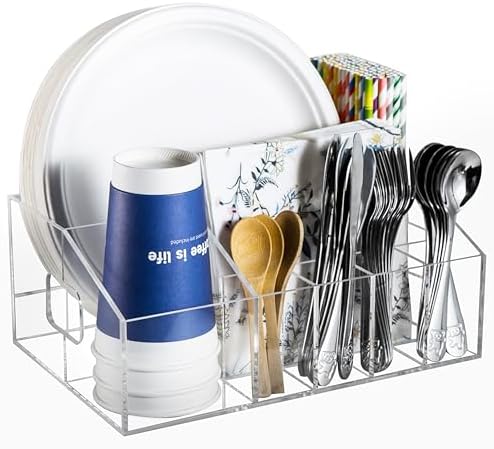 Utensil Silverware Holder Caddy for Party Acrylic Paper Plate Organizer for Countertop Buffet Caddy for Plastic Plates Utensils Napkins Cup Flatware Cutlery, Hosting Entertaining Essentials for Picnic