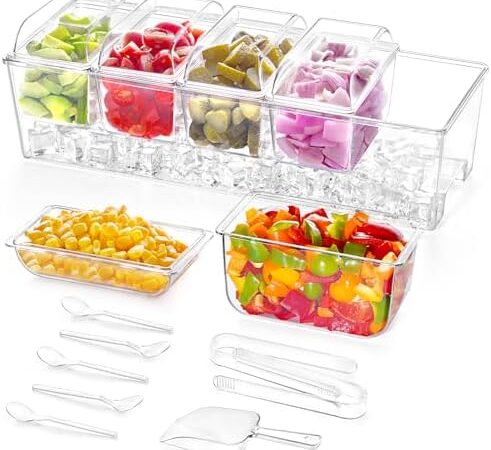 Lifewit Taco Bar Serving Set for Party with 5 Containers(2.5 Cup) & Components, Large Ice Chilled Condiment Caddy Organizer, Garnish Serving Tray Platter for Mimosa Bar Accessories, Fruit, Salad, Food