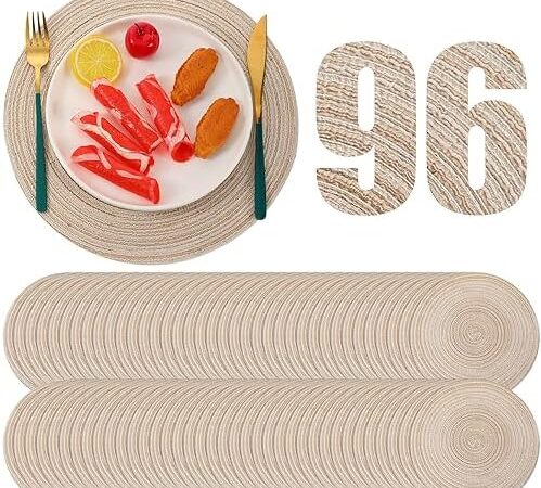 Buryeah 12 Inch Christmas Round Placemats Wedding Circle Woven Placemats Boho Decor Washable Dining Table Mats Tablescape Hosting Friends for Birthday Dinner Parties(Beige,96 Pieces)