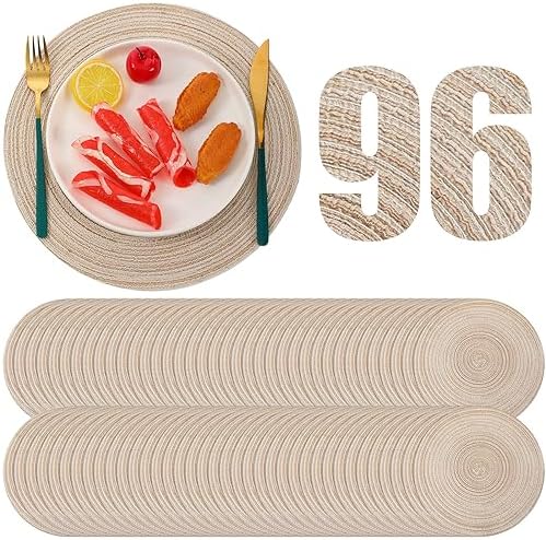 Buryeah 12 Inch Christmas Round Placemats Wedding Circle Woven Placemats Boho Decor Washable Dining Table Mats Tablescape Hosting Friends for Birthday Dinner Parties(Beige,96 Pieces)