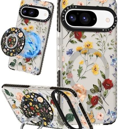 Cute for Google Pixel 9 Pro/9 Case – Compatible with Magsafe Magnetic Ring Holder Stand Kickstand for Women Girls Girly Funny Fashion TPU Phone Case, Retro Flower