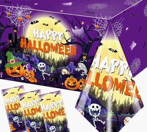 Halloween Table Cover,Purple Halloween Decorations 3pcs Waterproof Plastic Halloween Table Cloth Rectangle Pumpkin Plastic Tablecloth for Halloween Trick or Treat Party