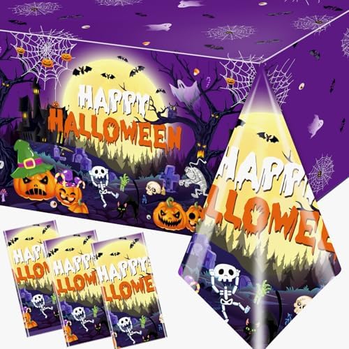 Halloween Table Cover,Purple Halloween Decorations 3pcs Waterproof Plastic Halloween Table Cloth Rectangle Pumpkin Plastic Tablecloth for Halloween Trick or Treat Party