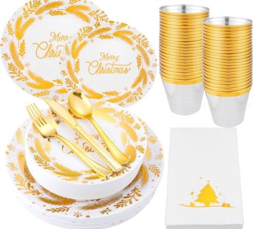 210 Pcs Christmas Plastic Dinnerware Set, Christmas Disposable Plates Includes Dinner Plates Cups Dessert Plates Christmas Paper Napkins Forks Knives Spoons Supplies for Xmas