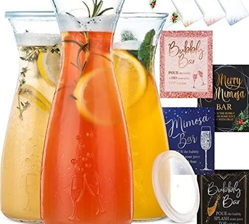 PRESTIGE Mimosa Bar Kit – Glass Carafe with Lids 27oz & Brunch Decor, Mimosa Pitcher w/Plastic Carafe Lid, Bubbly Juice Carafes for Mimosa Bar Supplies, Baby Bridal Shower (Mimosa Set (3 Carafes))