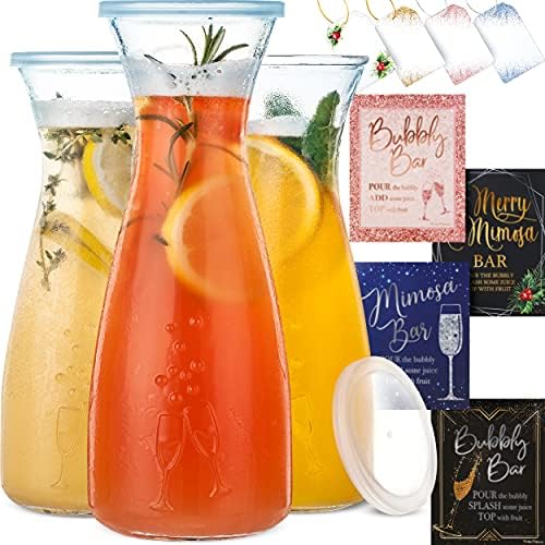 PRESTIGE Mimosa Bar Kit – Glass Carafe with Lids 27oz & Brunch Decor, Mimosa Pitcher w/Plastic Carafe Lid, Bubbly Juice Carafes for Mimosa Bar Supplies, Baby Bridal Shower (Mimosa Set (3 Carafes))
