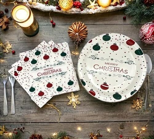 48 PCS Christmas Paper Plate and Napkins Set | Christmas Ornament Disposable Plate and Napkin Set | 9 inch Merry Christmas Paper Plates and Napkins | Christmas Party Supplies