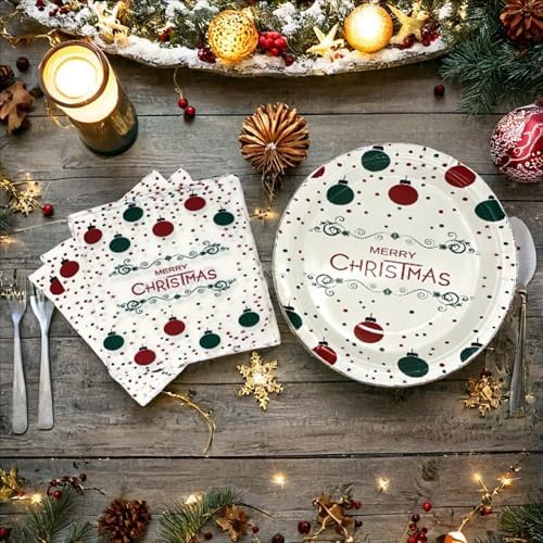 48 PCS Christmas Paper Plate and Napkins Set | Christmas Ornament Disposable Plate and Napkin Set | 9 inch Merry Christmas Paper Plates and Napkins | Christmas Party Supplies